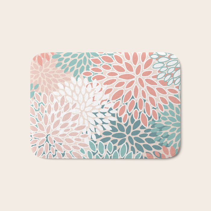 Festive, Floral Prints, Teal, Peach, Coral Bath Mat Gallery Image 1