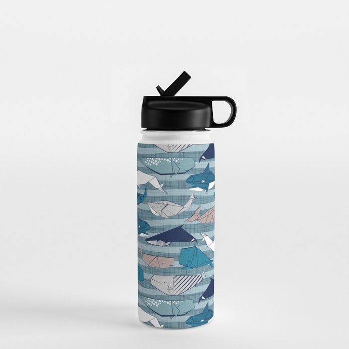 Origami Sea // linen texture and nautical stripes background teal white and taupe whales Water Bottle Gallery Image 1