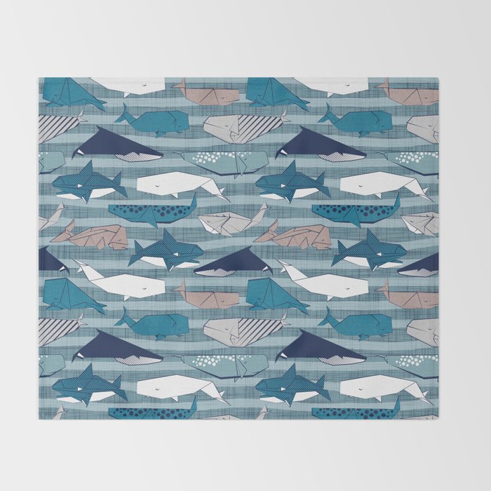 Origami Sea // linen texture and nautical stripes background teal white and taupe whales Throw Blanket Gallery Image 2
