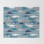 Origami Sea // linen texture and nautical stripes background teal white and taupe whales Throw Blanket Gallery Image 2