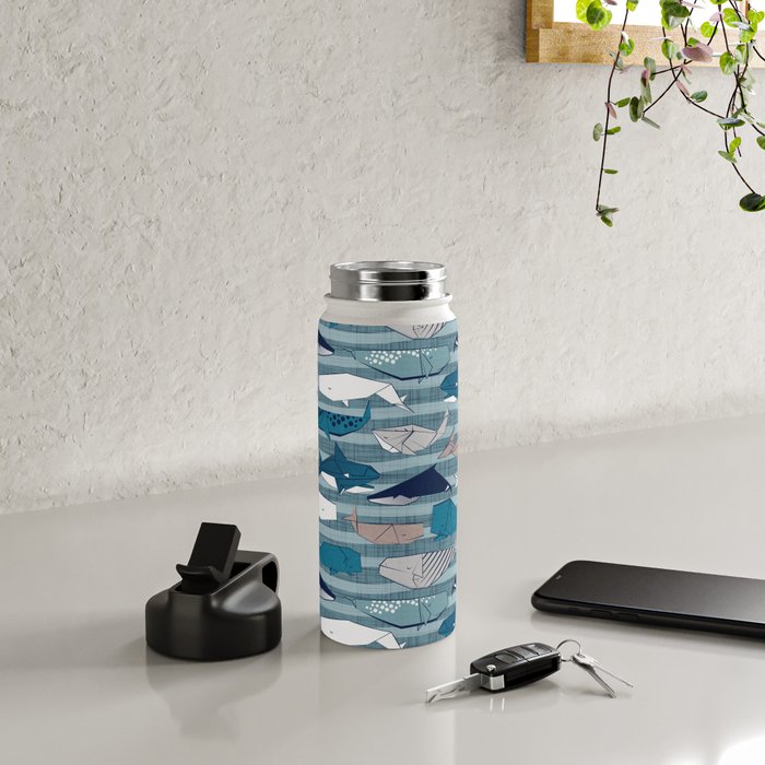 Origami Sea // linen texture and nautical stripes background teal white and taupe whales Water Bottle Gallery Image 4