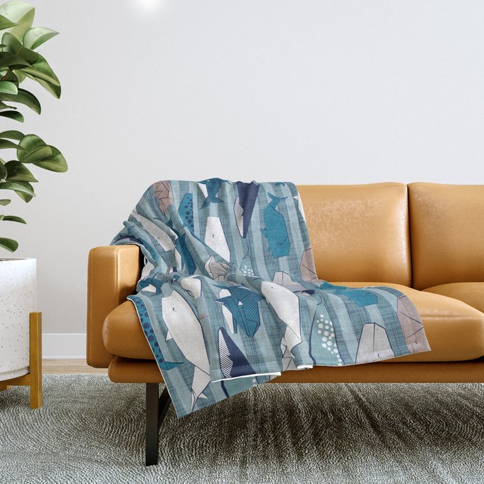 Origami Sea // linen texture and nautical stripes background teal white and taupe whales Throw Blanket Gallery Image 1