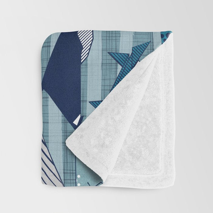 Origami Sea // linen texture and nautical stripes background teal white and taupe whales Throw Blanket Gallery Image 3