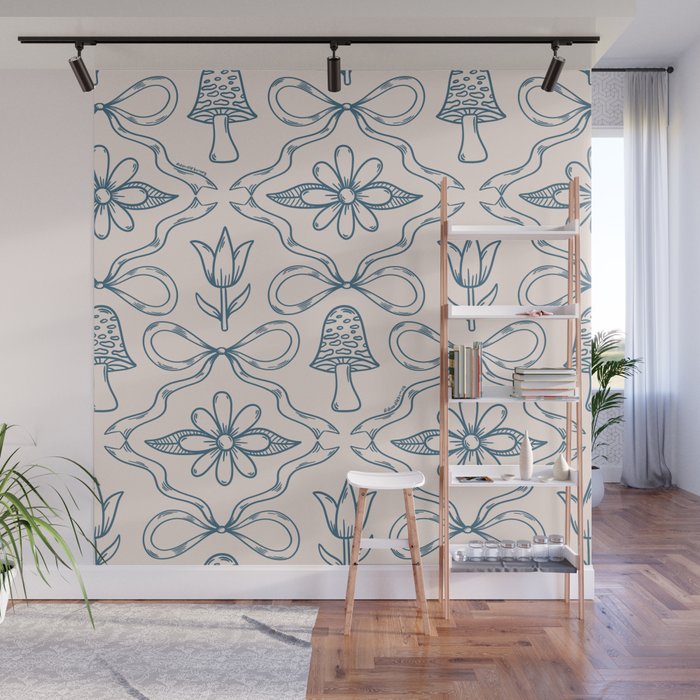 Spring Toile Print in Blue Wall Mural Gallery Image 1