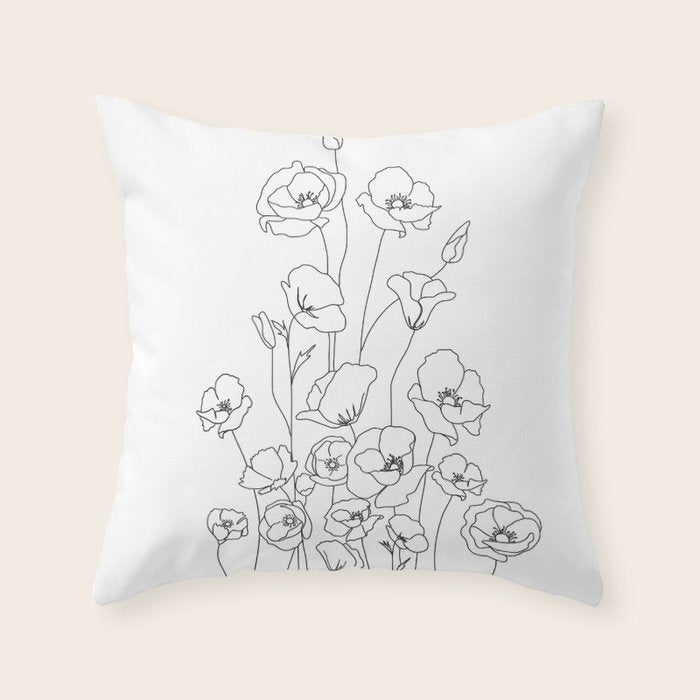 Poppy Flowers Line Art Throw Pillow Gallery Image 1