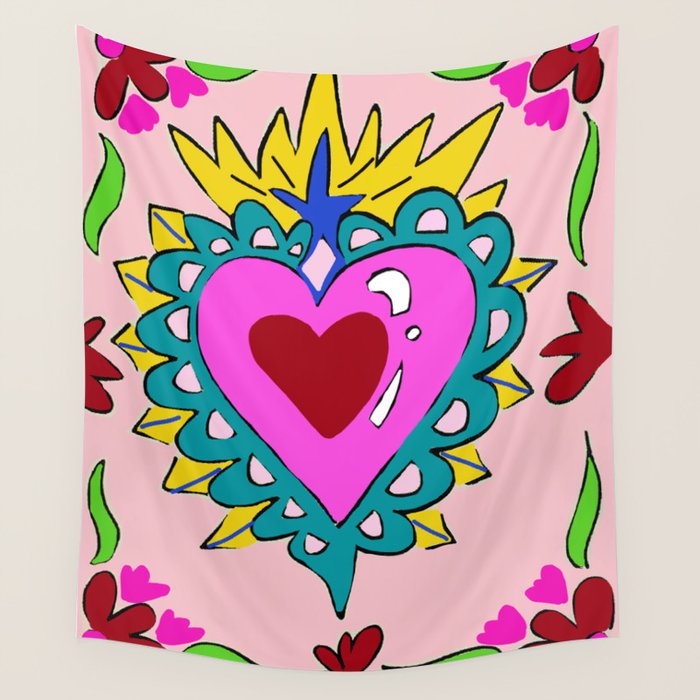 Hot Pink Sacred Hearts Wall Tapestry Gallery Image 4