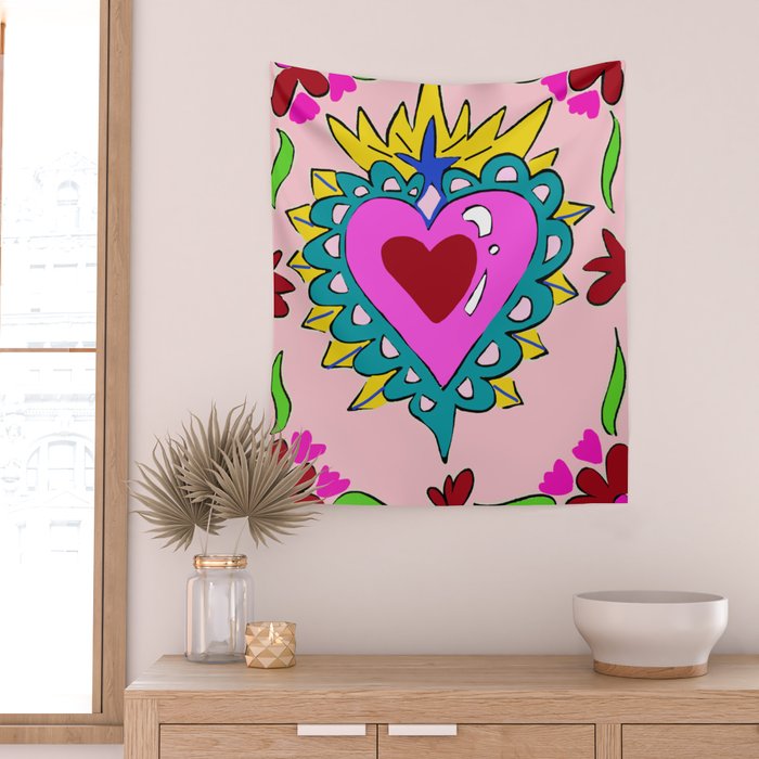 Hot Pink Sacred Hearts Wall Tapestry Gallery Image 2