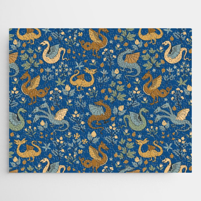 Dragons and Flowers on Classic Blue Jigsaw Puzzle Gallery Image 1