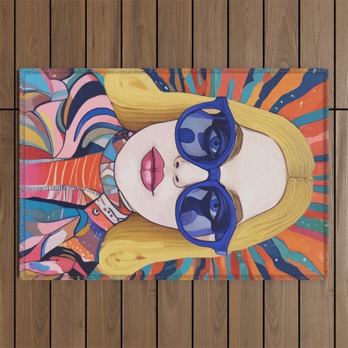 Speed Through, Retro Girl Woman Superpower Magic, Fashion Sunburst Blonde Female, Feminism Colorful Illustration Eclectic Bohemian Maximalism Outdoor Rug Gallery Image 1