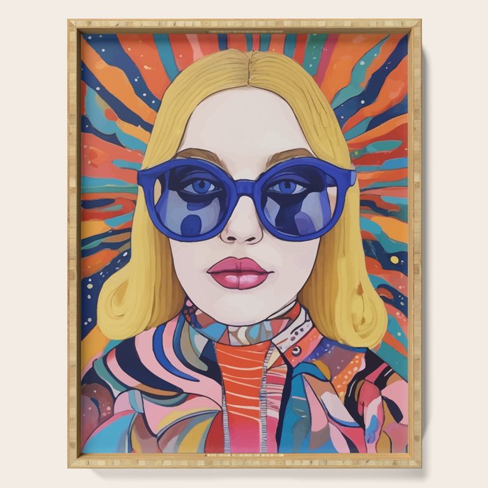 Speed Through, Retro Girl Woman Superpower Magic, Fashion Sunburst Blonde Female, Feminism Colorful Illustration Eclectic Bohemian Maximalism Serving Tray Gallery Image 1