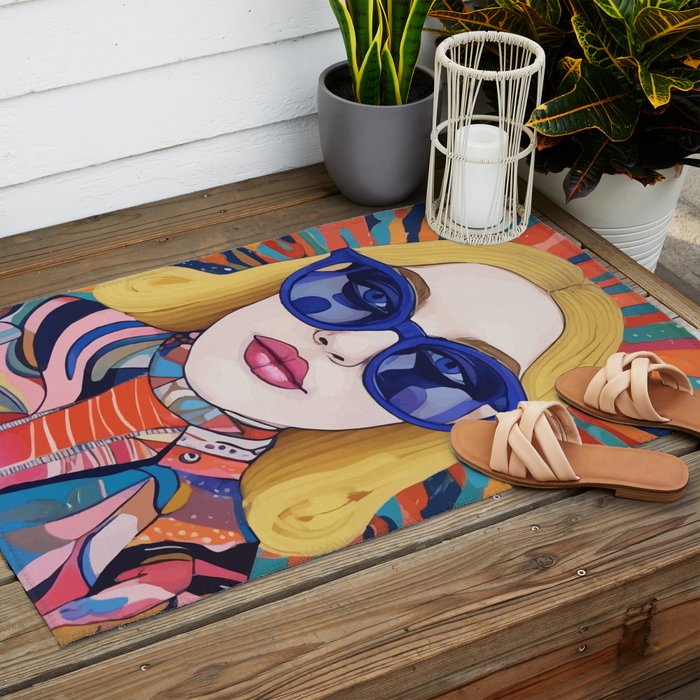 Speed Through, Retro Girl Woman Superpower Magic, Fashion Sunburst Blonde Female, Feminism Colorful Illustration Eclectic Bohemian Maximalism Outdoor Rug Gallery Image 2