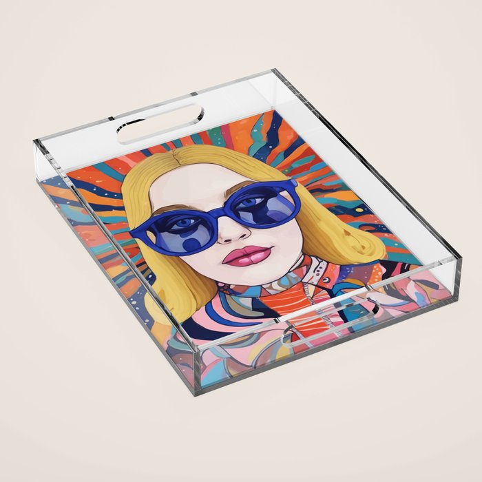 Speed Through, Retro Girl Woman Superpower Magic, Fashion Sunburst Blonde Female, Feminism Colorful Illustration Eclectic Bohemian Maximalism Acrylic Tray Gallery Image 1