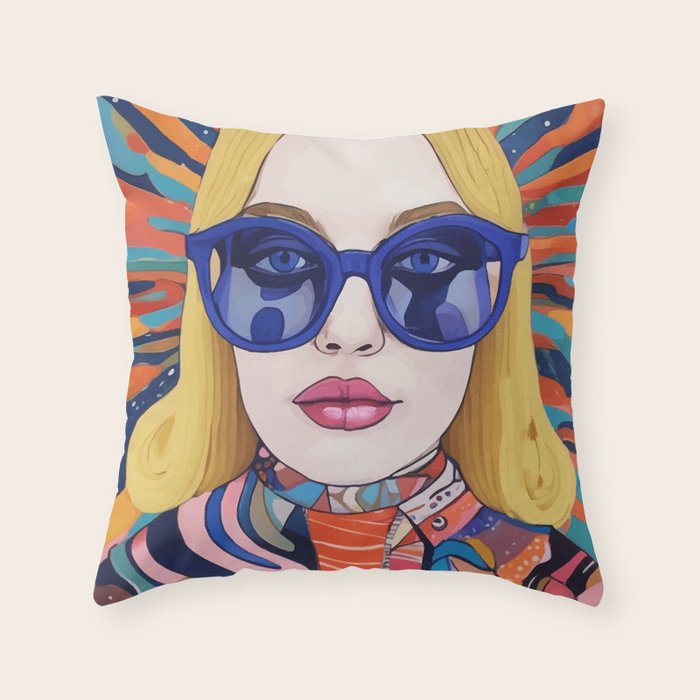 Speed Through, Retro Girl Woman Superpower Magic, Fashion Sunburst Blonde Female, Feminism Colorful Illustration Eclectic Bohemian Maximalism Throw Pillow Gallery Image 1