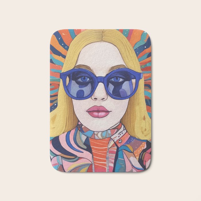 Speed Through, Retro Girl Woman Superpower Magic, Fashion Sunburst Blonde Female, Feminism Colorful Illustration Eclectic Bohemian Maximalism Bath Mat Gallery Image 1