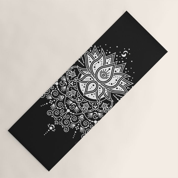 Sacred Lotus Blossom Mandala - White on Black Yoga Mat Gallery Image 1