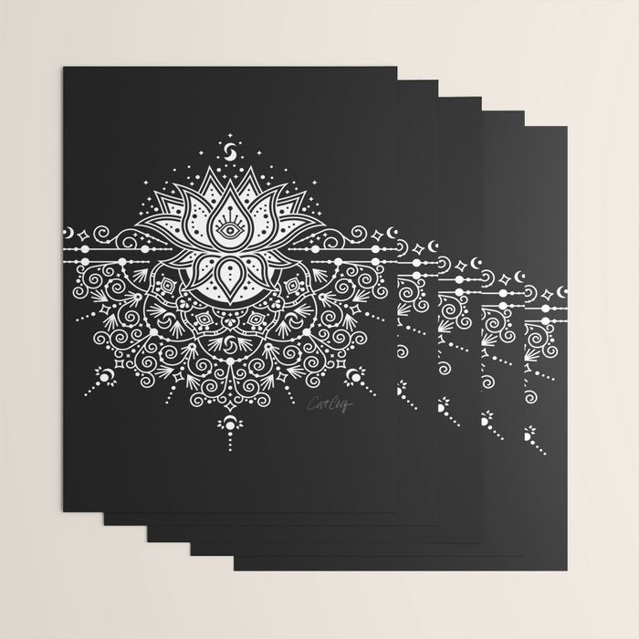 Sacred Lotus Blossom Mandala - White on Black Wrapping Paper Gallery Image 3