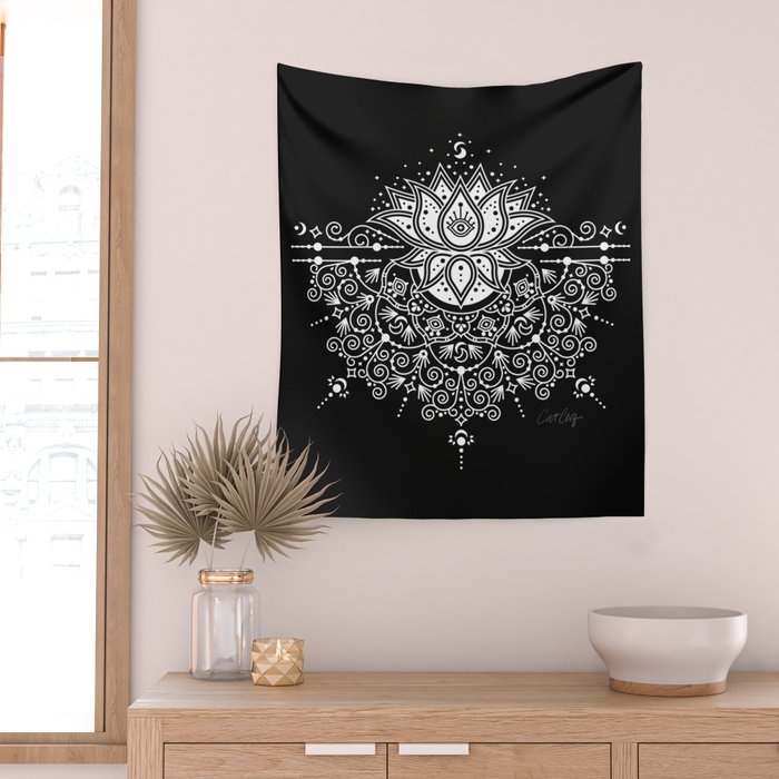 Sacred Lotus Blossom Mandala - White on Black Wall Tapestry Gallery Image 2