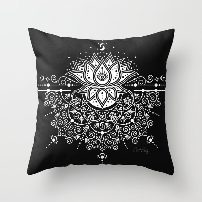 Sacred Lotus Blossom Mandala - White on Black Throw Pillow Gallery Image 1