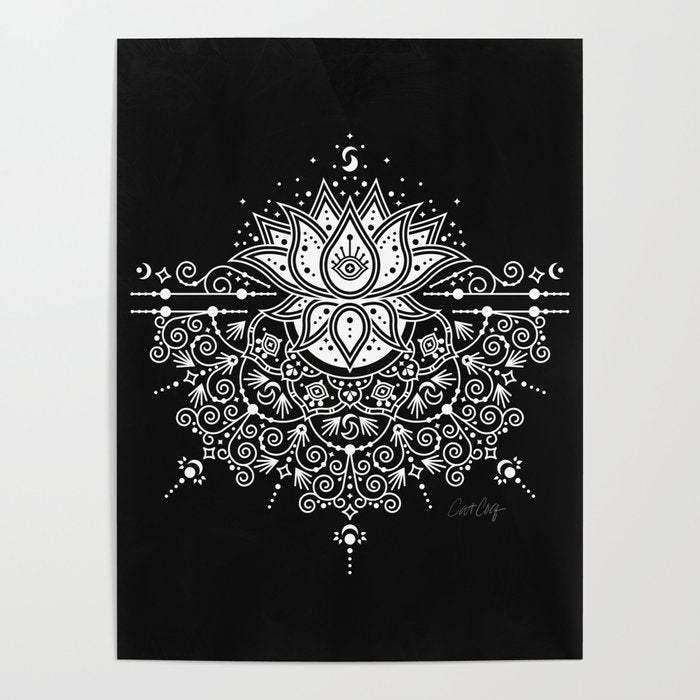 Sacred Lotus Blossom Mandala - White on Black Poster Gallery Image 4