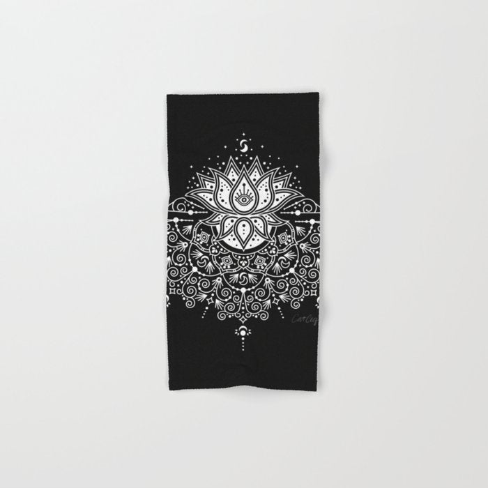 Sacred Lotus Blossom Mandala - White on Black Bath Towel Gallery Image 1
