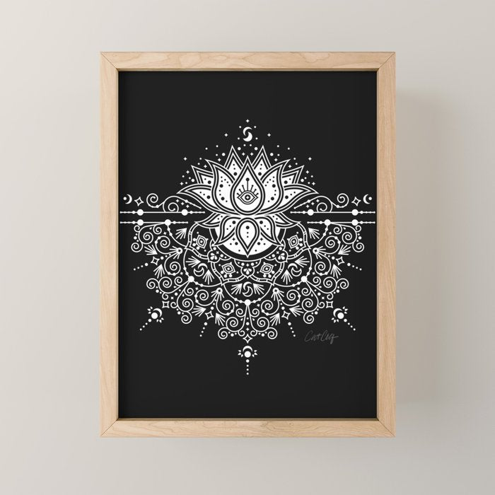 Sacred Lotus Blossom Mandala - White on Black Mini Art Print Gallery Image 1