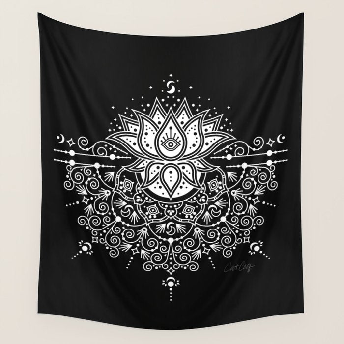 Sacred Lotus Blossom Mandala - White on Black Wall Tapestry Gallery Image 4