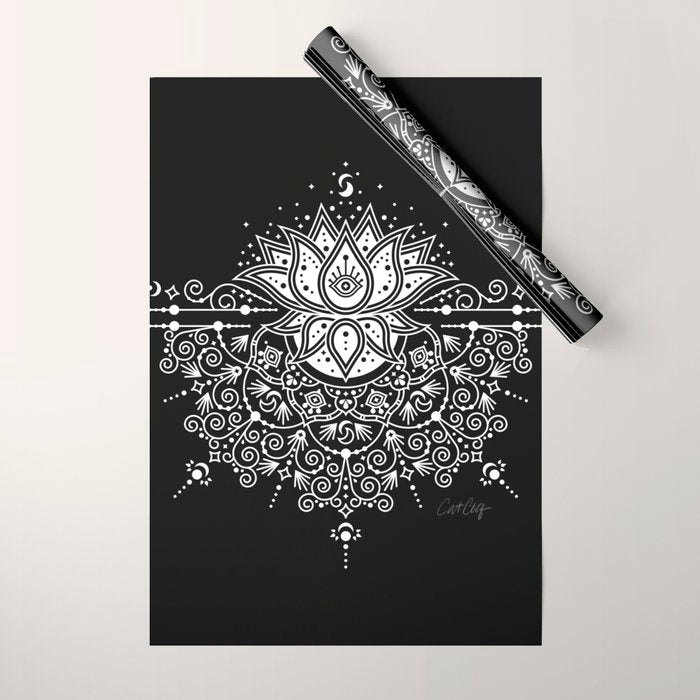 Sacred Lotus Blossom Mandala - White on Black Wrapping Paper Gallery Image 1