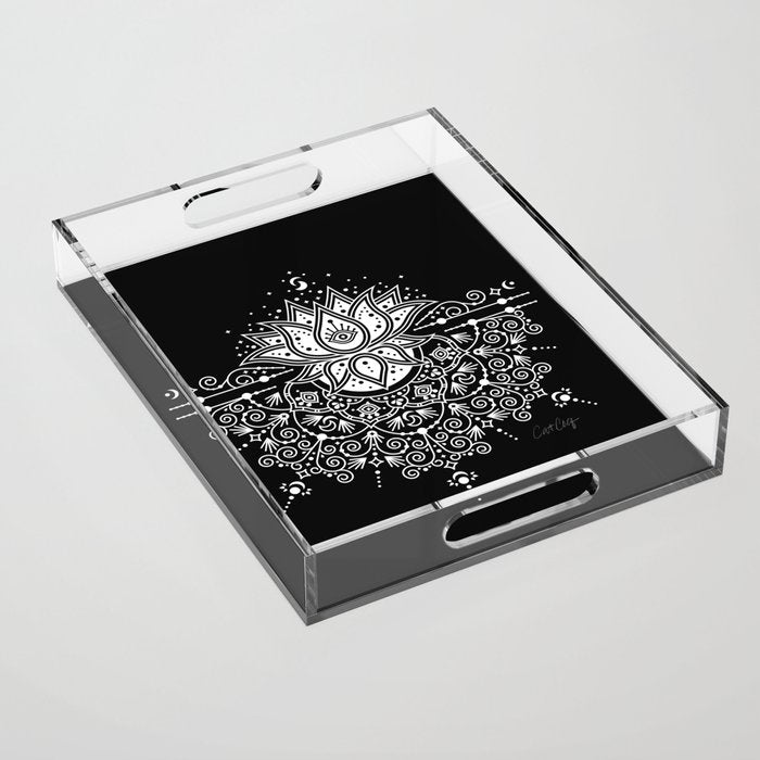 Sacred Lotus Blossom Mandala - White on Black Acrylic Tray Gallery Image 1
