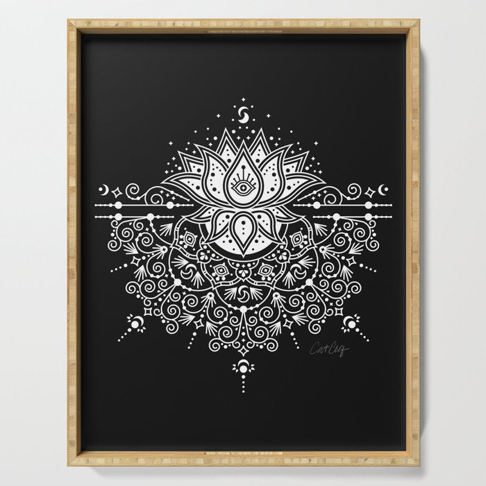 Sacred Lotus Blossom Mandala - White on Black Serving Tray Gallery Image 1
