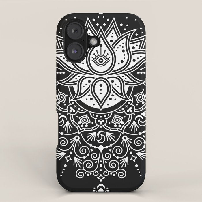 Sacred Lotus Blossom Mandala - White on Black iPhone Case Gallery Image 1