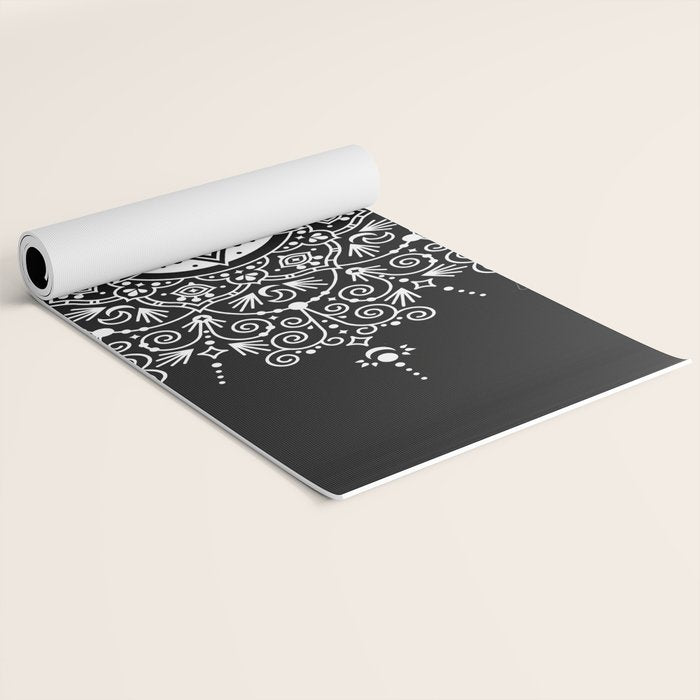 Sacred Lotus Blossom Mandala - White on Black Yoga Mat Gallery Image 2