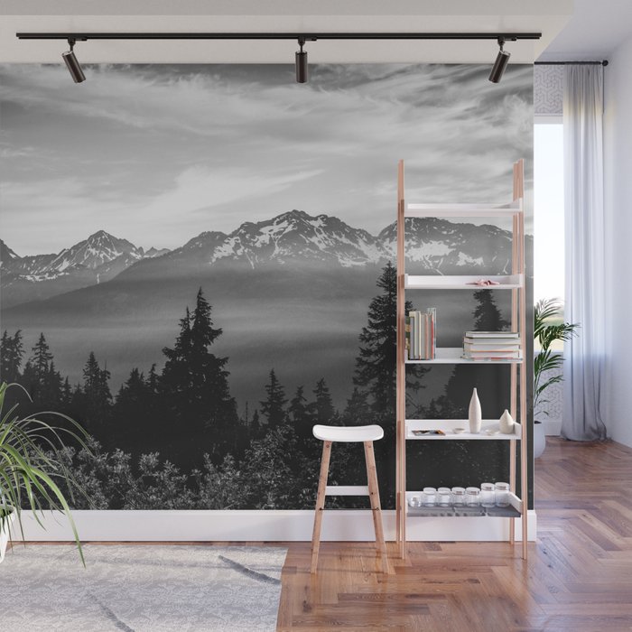 Morning in the Mountains Black and White Wall Mural Gallery Image 1