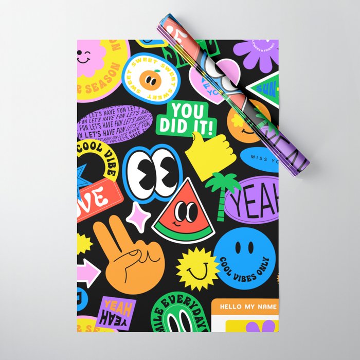 Retro cartoon sticker pattern Wrapping Paper Gallery Image 1