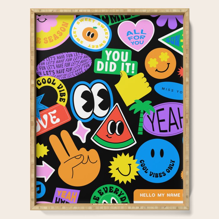 Retro cartoon sticker pattern Serving Tray Gallery Image 1
