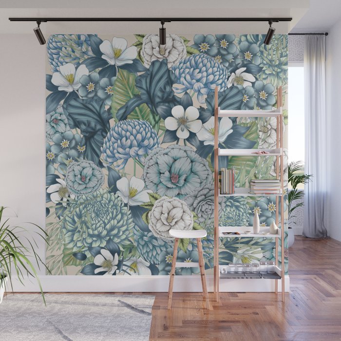 Blue Floral Garden Wall Mural Gallery Image 1