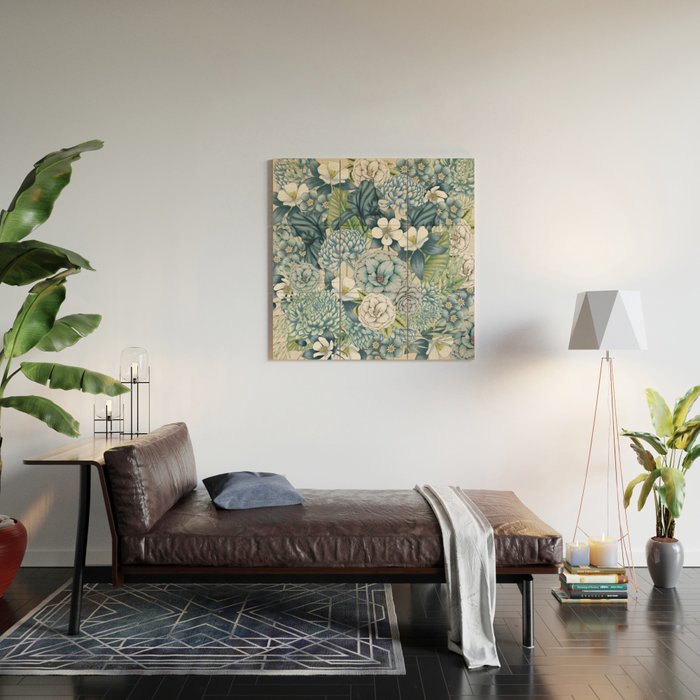 Blue Floral Garden Wood Wall Art Gallery Image 2