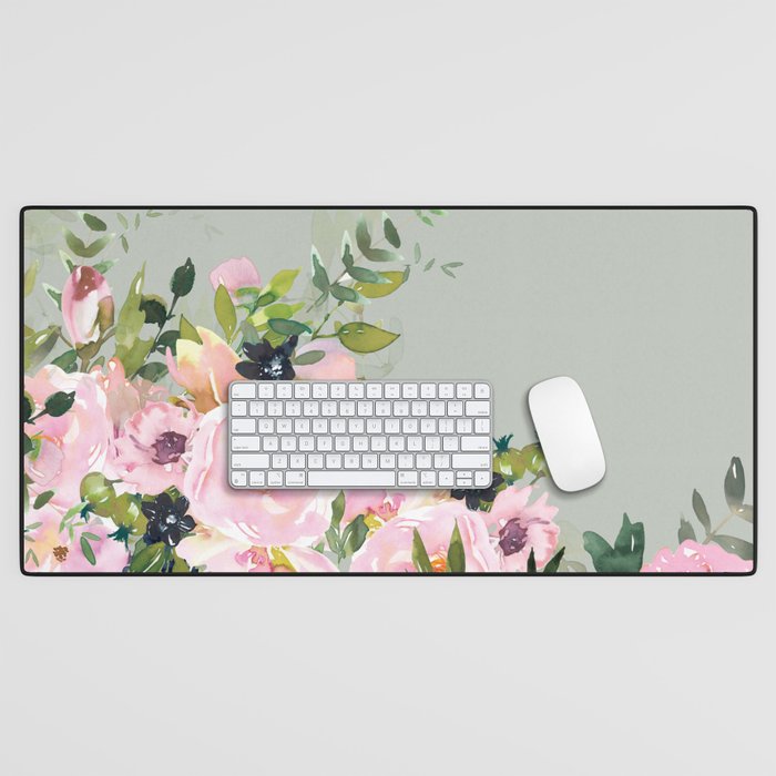 Floral Watercolor, Roses, Green and Pink Desk Mat Gallery Image 1