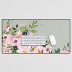 Floral Watercolor, Roses, Green and Pink Desk Mat Gallery Image 1
