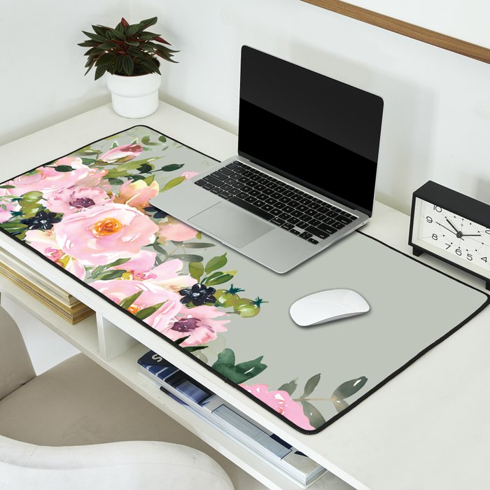 Floral Watercolor, Roses, Green and Pink Desk Mat Gallery Image 2