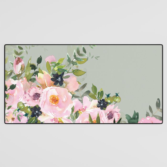 Floral Watercolor, Roses, Green and Pink Desk Mat Gallery Image 3