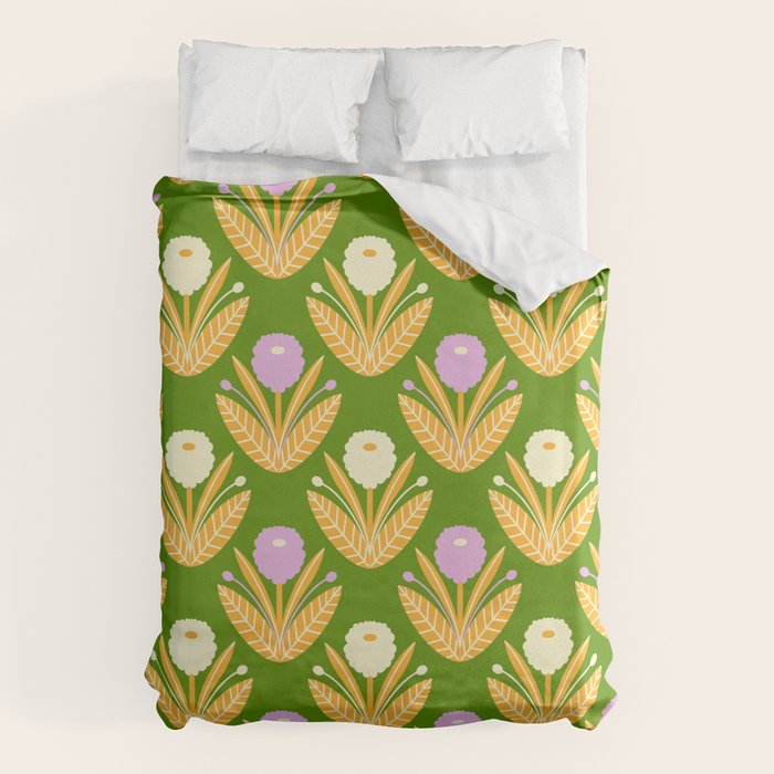 Happy White and Purple Dahlias Pattern - Green Duvet Cover Gallery Image 1