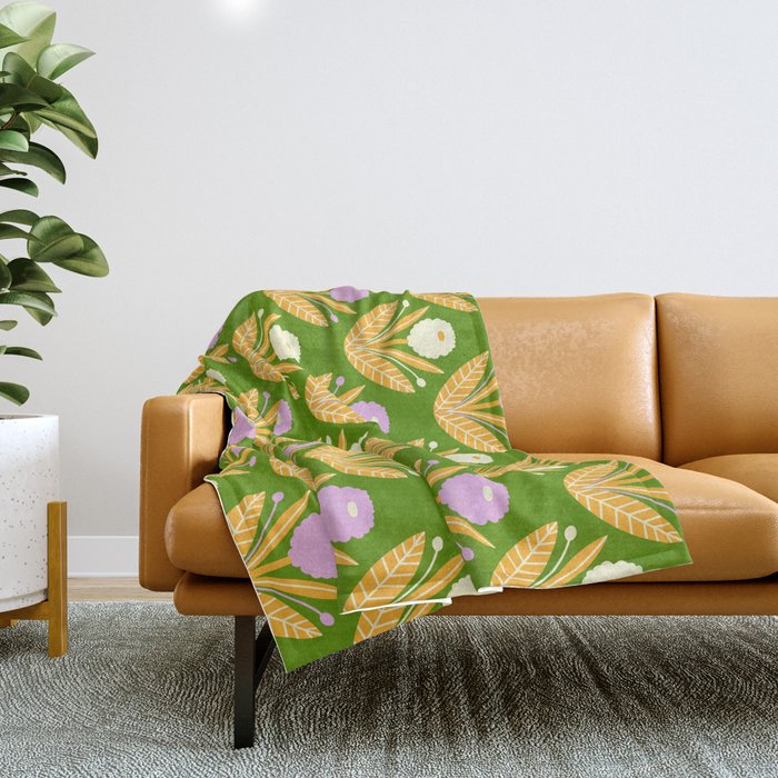 Happy White and Purple Dahlias Pattern - Green Throw Blanket Gallery Image 1