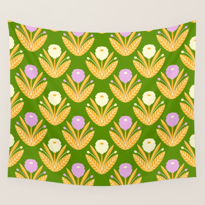 Happy White and Purple Dahlias Pattern - Green Wall Tapestry Gallery Image 1