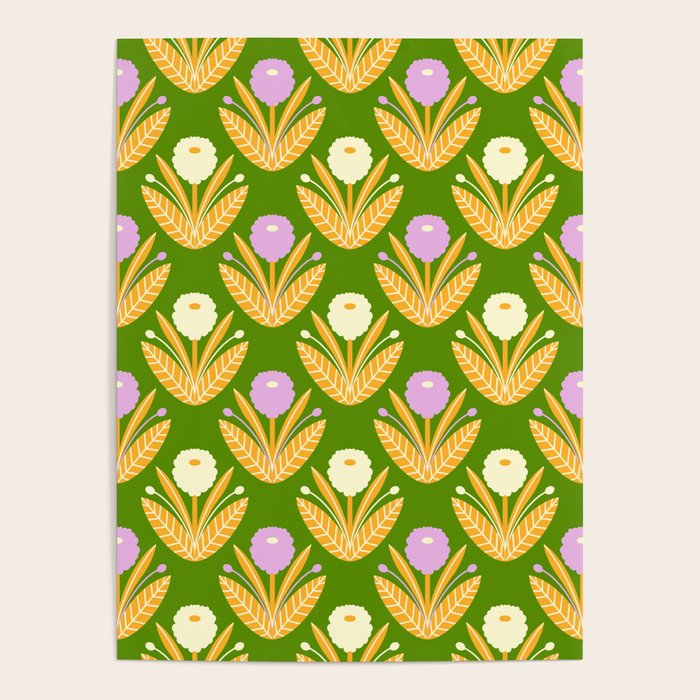 Happy White and Purple Dahlias Pattern - Green Poster Gallery Image 1