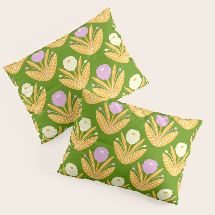 Happy White and Purple Dahlias Pattern - Green Pillow Sham Gallery Image 1