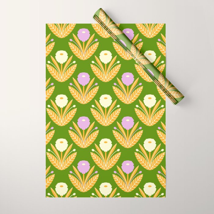 Happy White and Purple Dahlias Pattern - Green Wrapping Paper Gallery Image 1