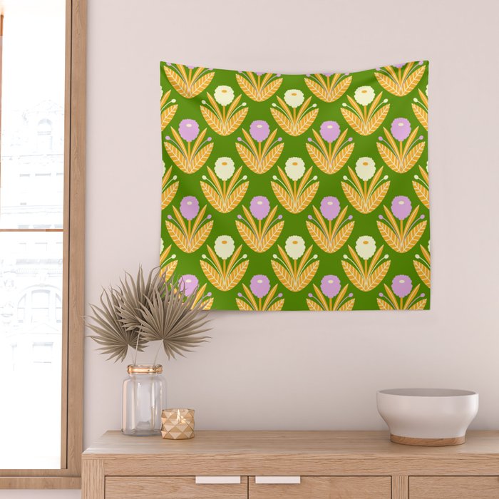 Happy White and Purple Dahlias Pattern - Green Wall Tapestry Gallery Image 2
