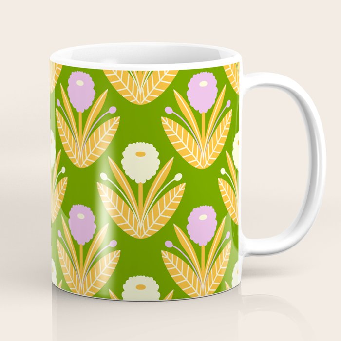Happy White and Purple Dahlias Pattern - Green Coffee Mug Gallery Image 1