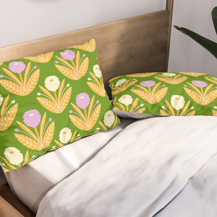 Happy White and Purple Dahlias Pattern - Green Pillow Sham Gallery Image 2