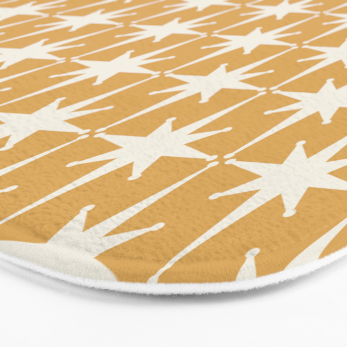 Midcentury Modern Atomic Starburst Pattern Muted Mustard Gold and Cream Bath Mat Gallery Image 3